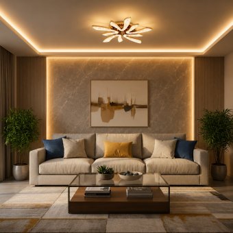 Lustra LED cu Telecomanda si Cristal, 68W, 5 Surse, Dimabila, Lumina Calda/Neutra/Rece, Diametru 59 cm, Auriu