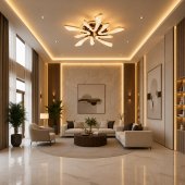 Lustra LED cu Telecomanda si Cristal, 68W, 5 Surse, Dimabila, Lumina Calda/Neutra/Rece, Diametru 59 cm, Auriu