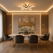 Lustra LED cu Telecomanda si Cristal, 68W, 5 Surse, Dimabila, Lumina Calda/Neutra/Rece, Diametru 59 cm, Auriu