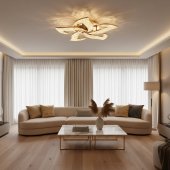Lustra LED HALESA Magno cu Telecomanda, Cristal, 66W, 5 Surse, Dimabila, Lumina Calda/Neutra/Rece, Auriu
