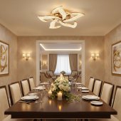Lustra LED HALESA Magno cu Telecomanda, Cristal, 66W, 5 Surse, Dimabila, Lumina Calda/Neutra/Rece, Auriu