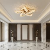 Lustra LED HALESA Magno cu Telecomanda, Cristal, 66W, 5 Surse, Dimabila, Lumina Calda/Neutra/Rece, Auriu